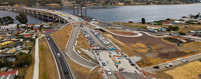 Aerial view of Bridgewater Bridge approach from Brighton showing shared paths.